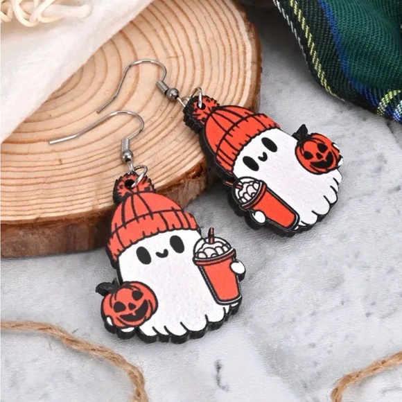 Ghost with Pumpkin and Cappuccino Dangle Earrings 👻🎃👻 - Picture 2 of 4